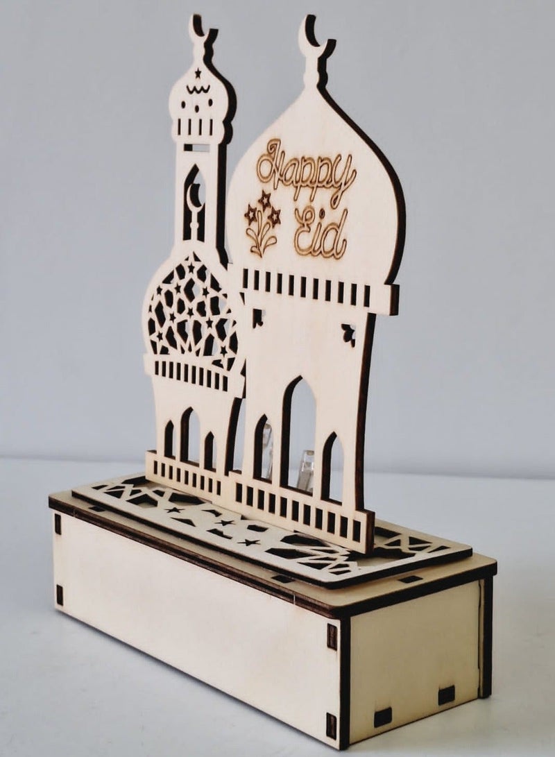 Al Zaabiah Happy Eid Wood Mosque Table Lamp Décor – 19 × 14 cm | Elegant Ramadan & Eid Accent - Image 2